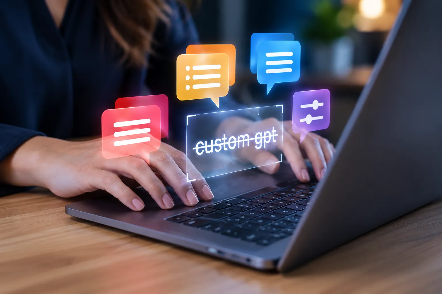 Custom GPT mentése - női kéz a laptopon
